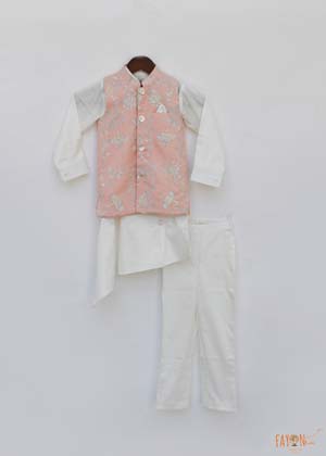 Off white Kurta Pant with Peach Embroidered Jacket