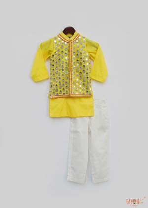 Yellow Kurta with Mirror Work Jacket and Pants