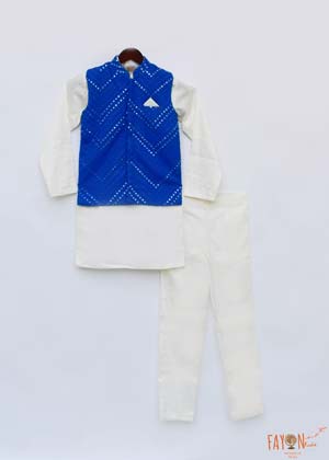 Blue Mirror Embroidery Jacket with Cotton Silk Kurta and Pant