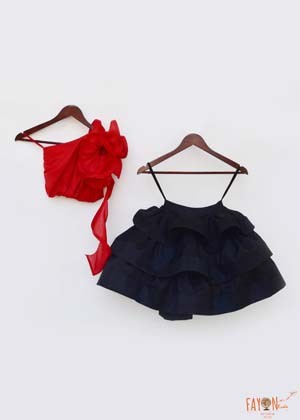 Red Drape Top with Black Silk Skirt