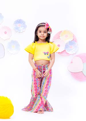 Yellow Lycra Crop Top with Printed Pant