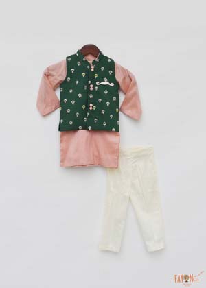 Green printed Jacket with Peach Kurta and Pant