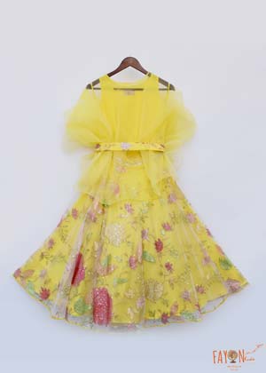 Yellow Embroidery Lehenga with Organza Cape