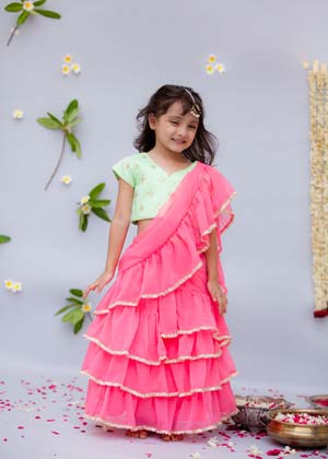 Green Embroidered Choli with Pink Saree