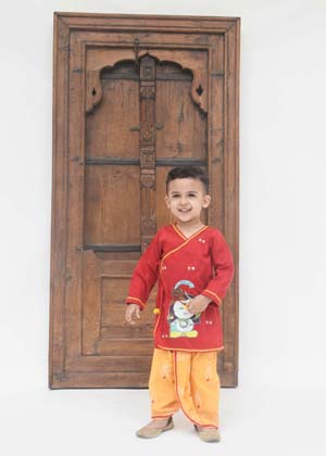 Red Silk Kurta with Yellow Printed Dhoti