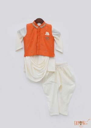 Off white Silk Cowl Kurta and Chudidar with Orange Jacket