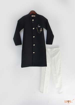 Black Ajkan with Off white Silk Pant