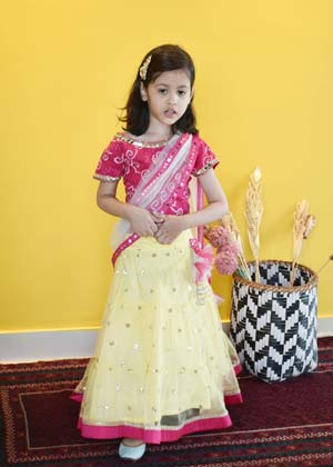 Pink Choli with Yellow Booti Net Lehenga