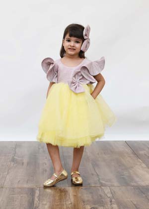 Pink Shimmer and Yellow Glitter Net Frock