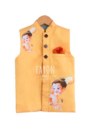 Yellow Print Nehru Jacket with Idol Print