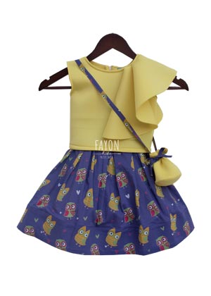 Owl Printed Skirt with Yellow One Shoulder Crop Top Set