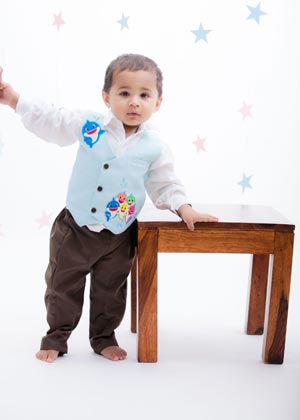 White Shirt with Brown Pant and Fish Print Waist Coat