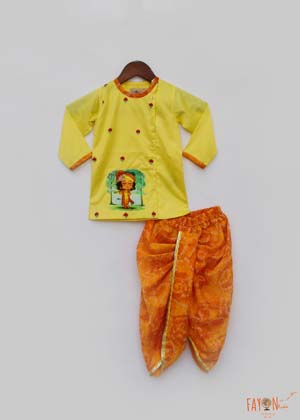 Yellow Kurta with Orange Bandhej Dhoti Set