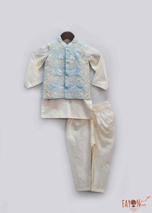 Blue Embroidery Jacket with Off White Kurta Chudidar