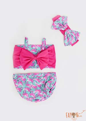 Hot Pink Top and Blue Flamingo Print Swim Wear