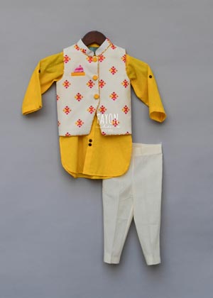 Multi Color Booti Nehru Jacket with Yellow Kurta