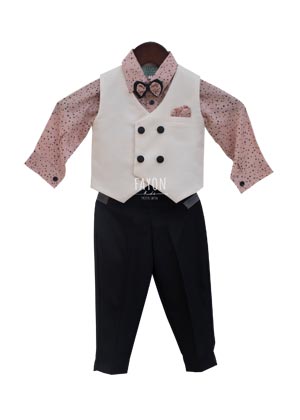 White Waistcoat with Peach Printed Shirt and Black Pants