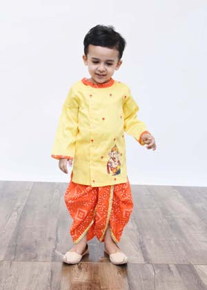 Yellow Kurta with Orange Bandhej Dhoti