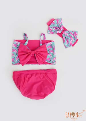 Blue Flamingo Print Top and Hot Pink Swim Wear