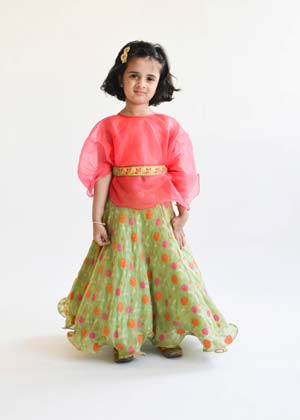 Green Georgette Lehenga with Pink Top and Organza Cape