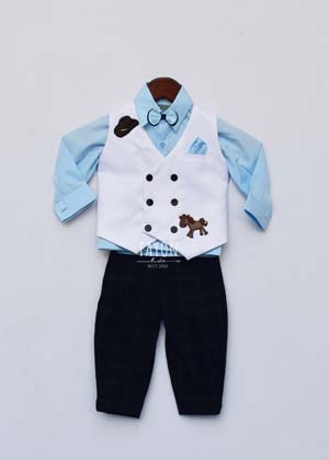 Powder Blue Shirt with Black Checkered Pants and Horse Print Waist Coat