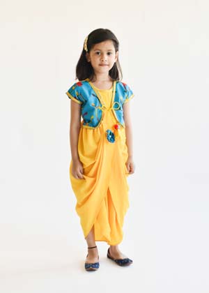 Yellow Georgette Dhoti Jumpsuit with Blue Embroidery Jacket