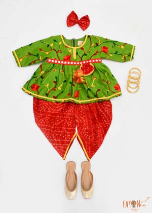 Green Embroidery Peplum with Red Dhoti Set