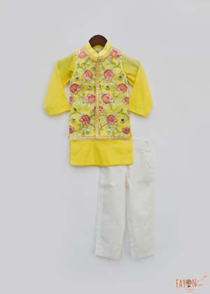 Yellow Kurta with Flower Embroidered Jacket and Pant