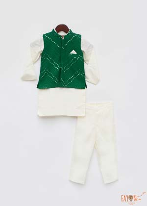 Green Mirror Embroidery Jacket with Cotton Silk Kurta and Pant