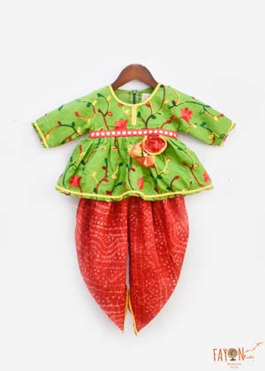 Green Embroidery Peplum with Red Dhoti