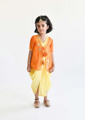 Yellow Dhoti Jumpsuit with Orange Leheriya Jacket