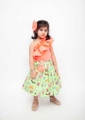 Peach Lycra Top with Green Printed Skirt