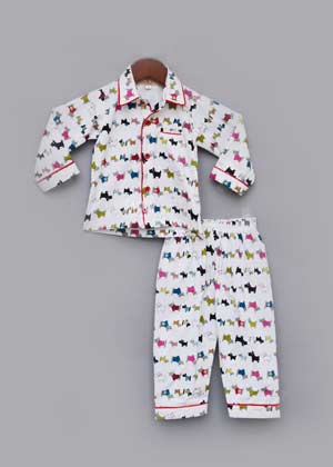 White Puppy Printed Night Suit
