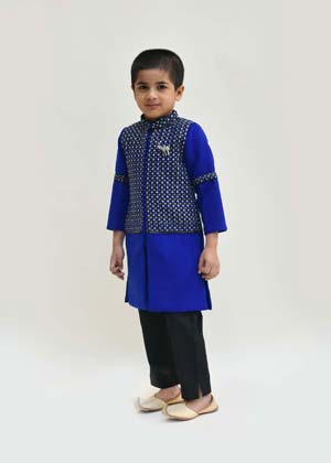 Blue and Black Embroidery Ajkan with Black Pant Set